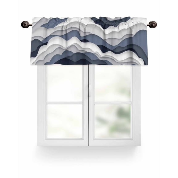 Gradient Ocean Valances for Windows Waves Dark Blue Gradient Waves Valance Rod Pocket Light Filtering Short Window Treatments Curtains for Kitchen Bathroom Living Room Bedroom, 1 Panel, 54 x 18 Inch