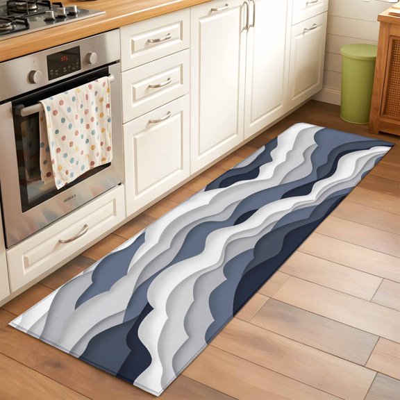 Gradient Ocean Washable Area Rug 2x6 Waves Dark Blue Gradient Waves Low-Profile Area Rugs with Non Slip Backing Indoor Floor Carpet for Entrance Living Room Bedroom Home Office