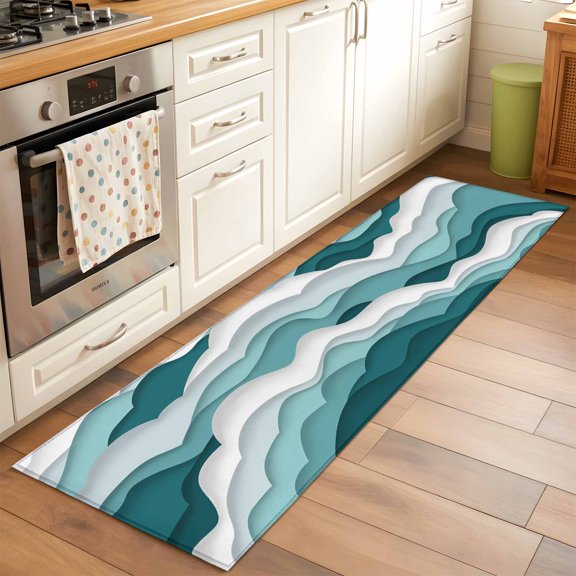 Gradient Ocean Washable Area Rug 2x6 Waves Turquoise Teal Gradient Waves Low-Profile Area Rugs with Non Slip Backing Indoor Floor Carpet for Entrance Living Room Bedroom Home Office