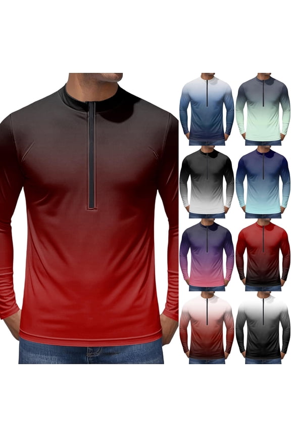 Gradient Ombre Long Sleeve Cycling Jersey for Men, Breathable Quick Dry Athletic Top with Half Zip - Lightweight Running & Outdoor Training Shirt Blue S