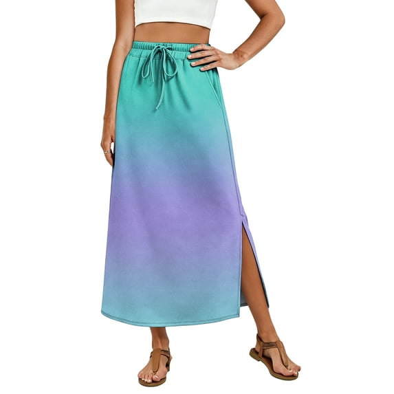Gradient Ombre Maxi Skirt, High Waisted Side Slit Long Skirt with Pockets, Casual Summer Drawstring Flowy A-Line Bottoms
