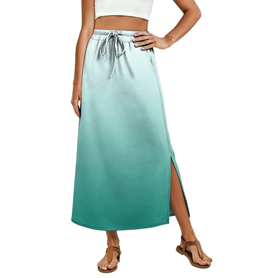 Gradient Ombre Maxi Skirt, High Waisted Side Slit Long Skirt with Pockets, Casual Summer Drawstring Flowy A-Line Bottoms