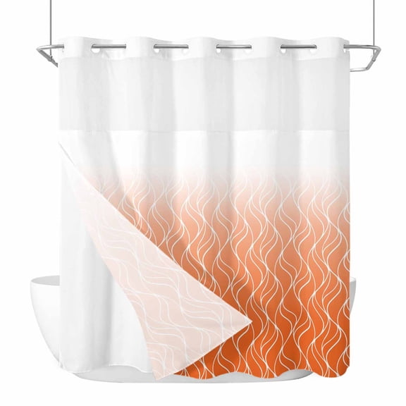 Gradient Orange No Hook Shower Curtain and Snap in Liner Set, Abstract Morocco Orange Curved Lines Waterproof Shower Curtain Liner Set with Mesh Top Window for Bathroom 72x72in