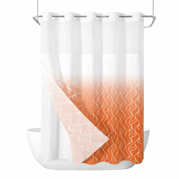 Gradient Orange No Hook Shower Curtain and Snap in Liner Set, Abstract Morocco Orange Curved Lines Waterproof Shower Curtain Liner Set with Mesh Top Window for Bathroom 48x72in