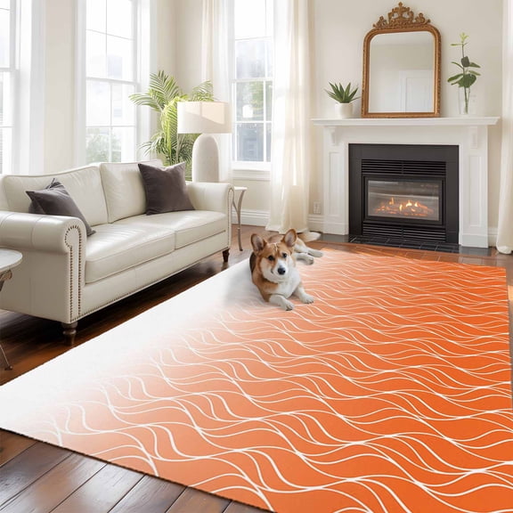 Gradient Orange Large Area Rugs 5x8 ft Abstract Morocco Orange Curved Lines Washable Rug Non Slip Indoor Carpet Absorbent Floor Mat for Living Room Bedroom Dining Room