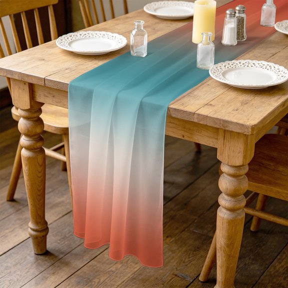 Gradient Orange Red 4.5ft Cheesecloth Table Runner for Wedding 19"x55", Modern Abstract Minimalist Blue Ocean Beach Kitchen Dinner Sheer Tulle Chiffon Dresser Scarf, Holiday Party Decorations