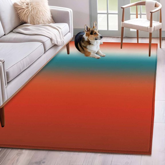 Gradient Orange Red Area Rugs 4x6 ft Modern Abstract Minimalist Blue Ocean Beach Washable Rug Non Slip Indoor Carpet Absorbent Floor Mat for Living Room Bedroom Dining Room