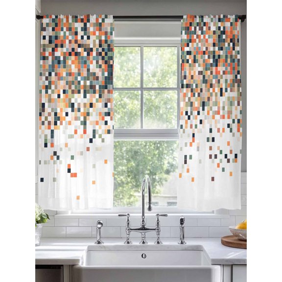 Gradient Orange Red Color Block Chiffon Sheer Curtains 72 Inches Long Abstract Brown Geometric Rod Pocket Window Curtains Voile Drapes Curtains for Living Room Bedroom,2 Panels