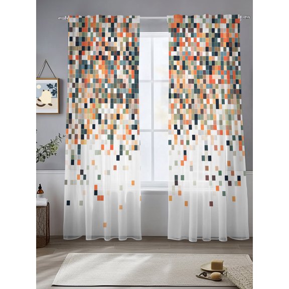 Gradient Orange Red Color Block Chiffon Sheer Curtains 84 Inches Long Abstract Brown Geometric Rod Pocket Window Curtains Voile Drapes Curtains for Living Room Bedroom,2 Panels