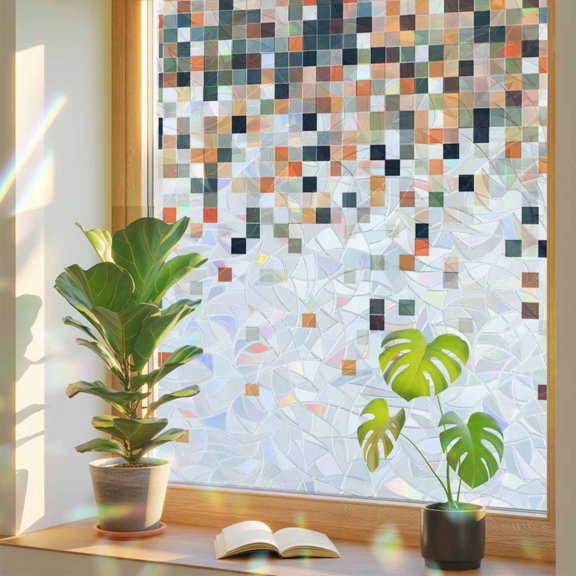 Gradient Orange Red Color Block Window Privacy Film, Rainbow Film Decorative Window Sticker 17.7x39.3in, Abstract Brown Geometric Sun Blocking Static Stained Glass Cling Tint Non-Adhesive