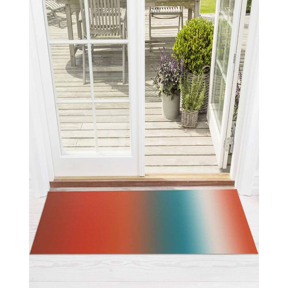 Gradient Orange Red Front Door Mat Modern Abstract Minimalist Blue Ocean Beach Welcome Doormat Indoor Outdoor Entrance Floor Mat Non-Slip Washable Runner Rug for Front Porch Decor 16x47 Inch