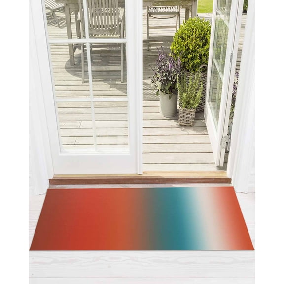 Gradient Orange Red Front Door Mat Modern Abstract Minimalist Blue Ocean Beach Welcome Doormat Indoor Outdoor Entrance Floor Mat Non-Slip Washable Runner Rug for Front Porch Decor 24x71 Inch