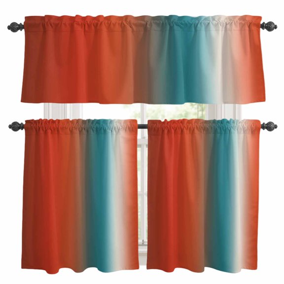 Gradient Orange Red Kitchen Curtains Valances and Tiers Set of 3 Modern Abstract Minimalist Blue Ocean Beach Tier Curtains and Valance with Rod Pocket for Small Windows, 27.5"x24"