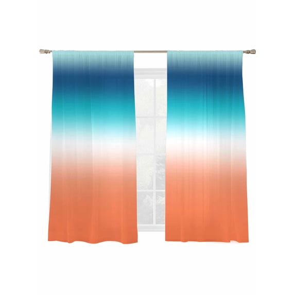 Gradient Orange Sheer Curtains 2 Panels Set Modern Minimalist Green Orange Ocean Beach Sheer Window Curtains Light Filtering Rod Pocket Voile Drapes for Bedroom Living Room 52"x63"