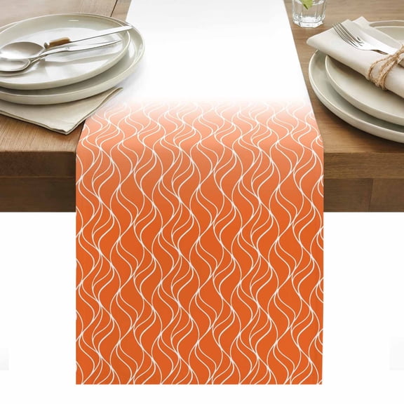 Gradient Orange Table Runner 13 x 36 Inch, Abstract Morocco Orange Curved Lines Washable Cotton Linen Dining Table Runner Tabletop Decorations for Restaurant Home Kitchen Party