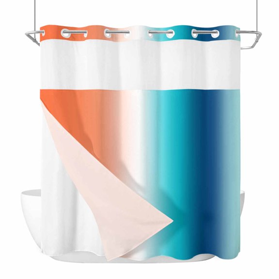 Gradient Orange Teal No Hook Shower Curtain with Snap in Liner Modern Abstract Minimalist Blue Ocean Beach Waterproof Bathroom Shower Curtain with See Through Top Window for Bathtub 72" x 72"