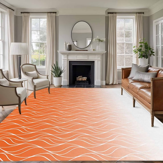 Gradient Orange Washable Living Room Rugs 5'x8', Abstract Morocco Orange Curved Lines Low Pile Throw Large Area Rug Non-Slip Sturdy Edge Binding Carpet for Living Room Kitchen Office