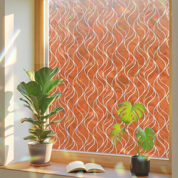 Gradient Orange Window Privacy Film, Abstract Morocco Orange Curved Lines Stained Glass Rainbow Film Decorative Window Clings, Static Cling Sun Blocking Stickers 19.6" x 39.3"