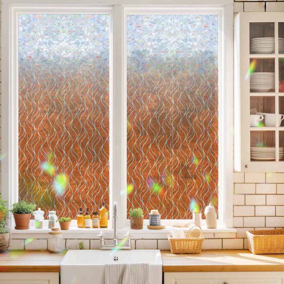 Gradient Orange Window Privacy Film Abstract Morocco Orange Curved Lines Static Cling Stained Glass Window Film Non-Adhesive Decorative Decals Rainbow Sticker 17.7"X39.3"