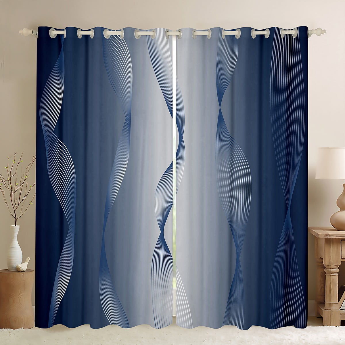 AWERT Blackout Curtains - Navy Blue Ombre Forest Design, 42x63 Inch Panels (Set Of 2) For Bedroom & Living Room