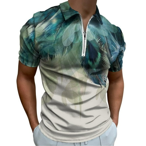 Gradient Peacock Feather Men Zipper T-shirt Summer Casual Short Sleeve T-shirt Top