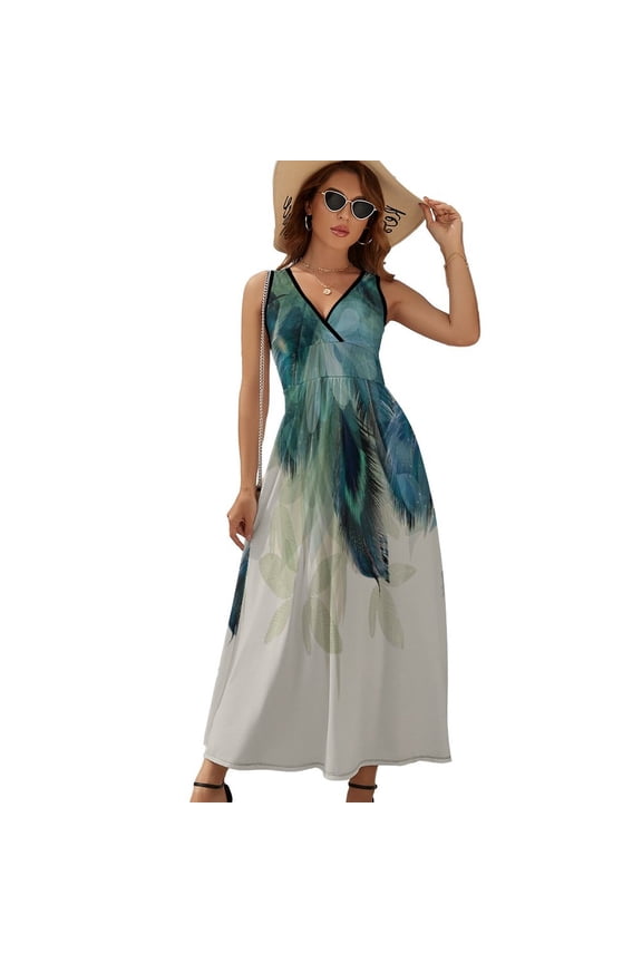 Gradient Peacock Feather Womens Night Club Maxi Dress V Neck Sleeveless Bohemia Long Dresses