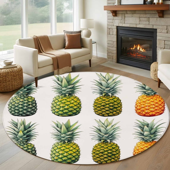 Gradient Pineapple Large Round Rug 8 FT, Non Slip Living Room Area Carpet, Watercolor Modern Fruit Washable Soft Circle Rug Non-Shedding Floor Carpet for Bedroom Office Dining Room