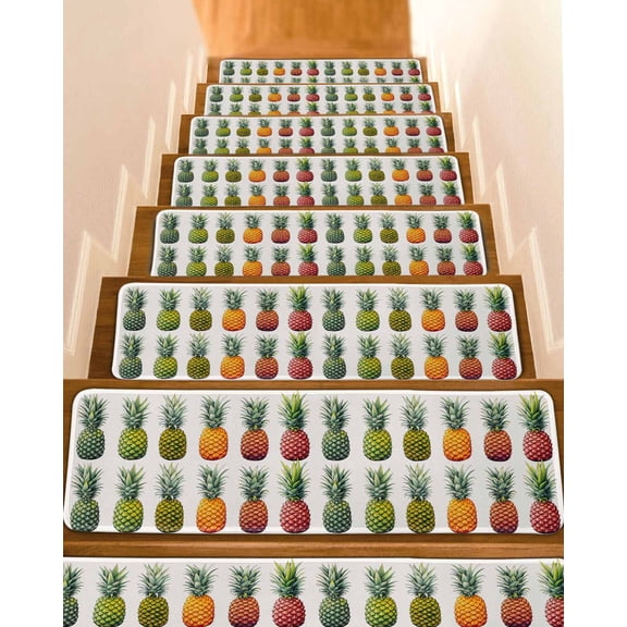 Gradient Pineapple Stair Treads for Wooden Steps Indoor Runner Rug Carpet, Watercolor Modern Fruit 4 Pieces Peel and Stick Staircase Step Treads Covers Washable Throw Door Mats, 30"x8"