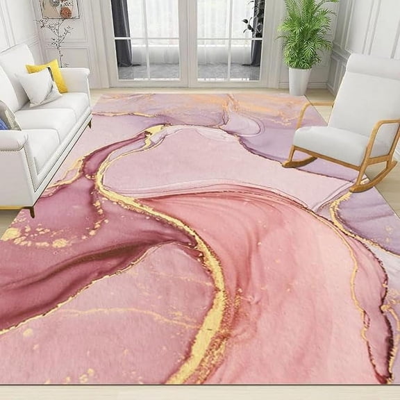 Gradient Pink Abstract Gilt Texture Area Rug, Modern Nordic Luxury Ink Marble Indoor Accent Rugs, Foldable Anti Slip Backing Large Carpet For Bedroom Dining Room Nursery Home 3 x 4ft