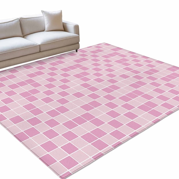 Gradient Pink Area Rugs 2.7x5ft Checked Plaid Washable Rug, Non Slip Indoor Carpet Absorbent Floor Mat for Living Room Bedroom Dining Room