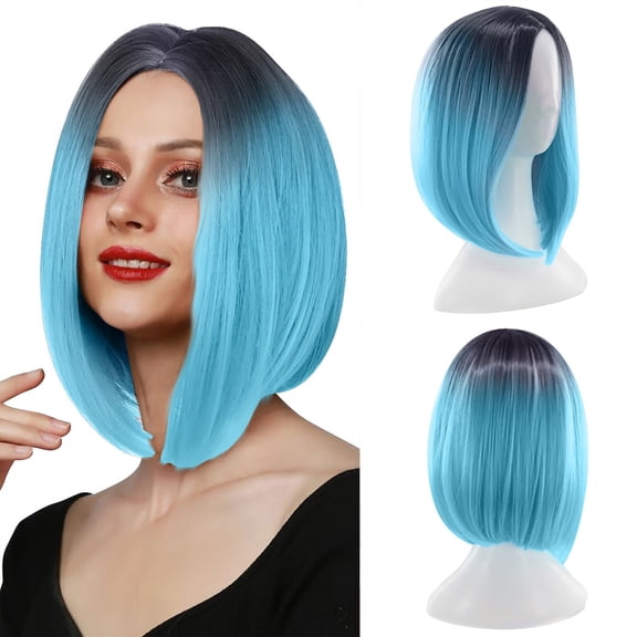 Gradient Pink Bob Wig for Women, Short Straight Synthetic Wig Natural Looking Colored Wigs for Daily Party Use(Blue,One Size)