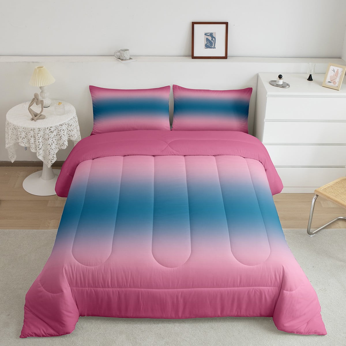 Gradient Pink Comforter Set Queen, Purple Blue Ombre Gradient Bedding
