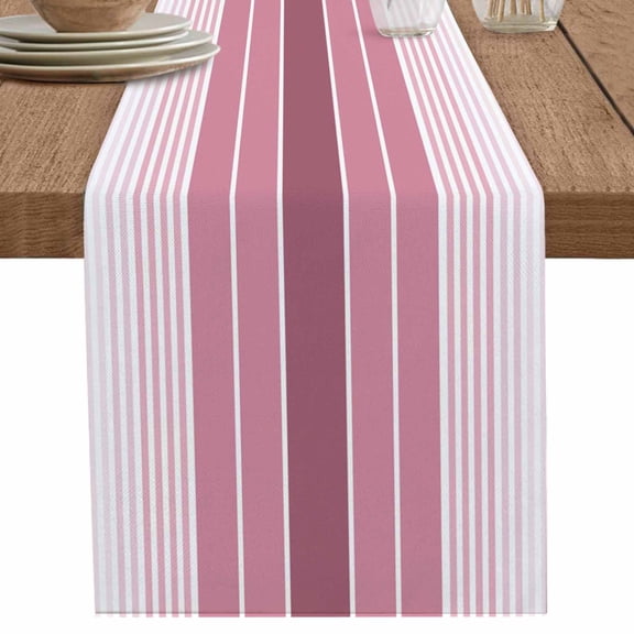 Gradient Pink Geometric Stripe Table Runner-36 Inch Long Ombre Modern Art Table Runners Linen Burlap Tablerunner for Kitchen Dining Room Holiday Party
