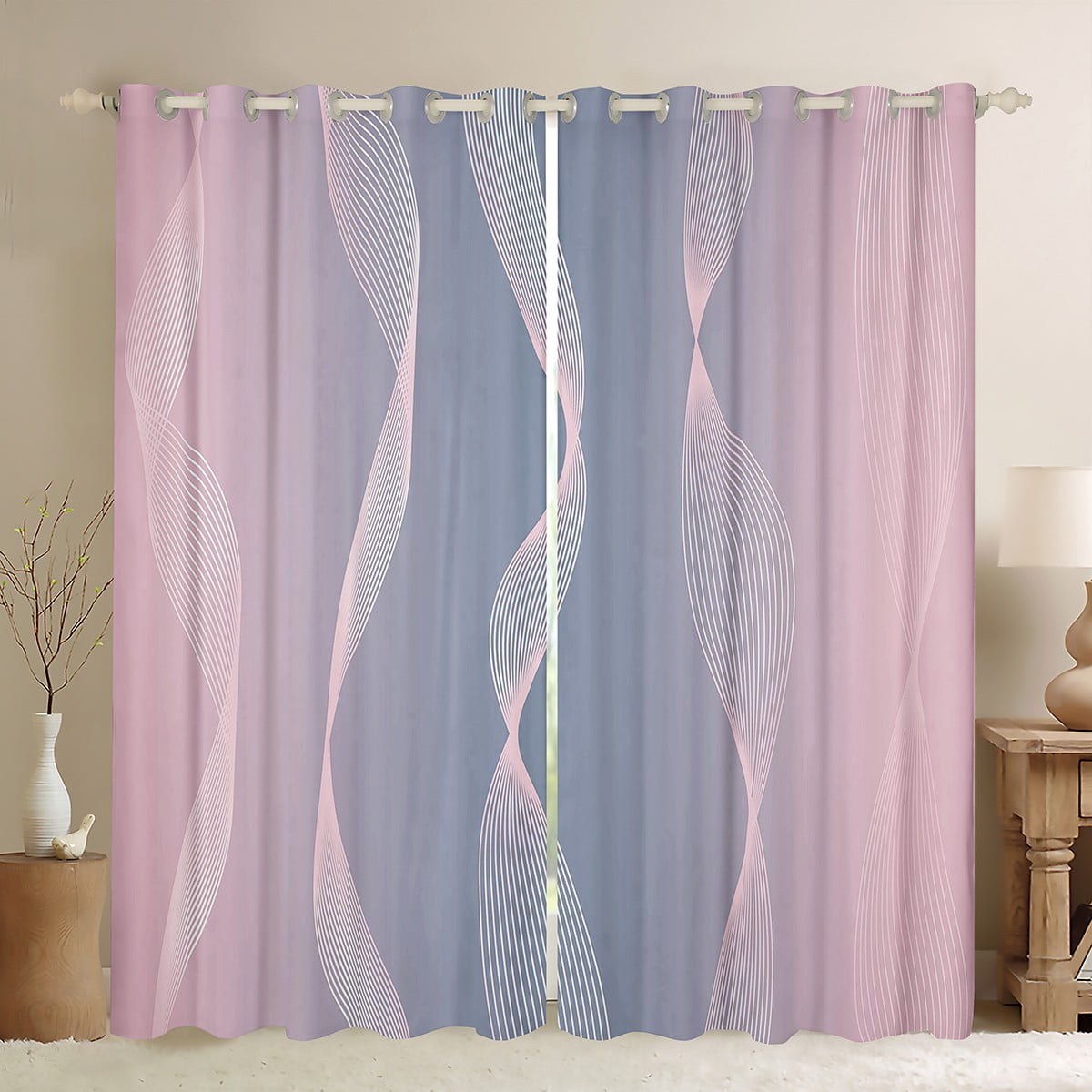 Gradient Pink and Grey Curtains & Drapes 2 Panels 52"Wx63"L,Silver Foil Print Wave Striped Curtains Ombre Blackout Curtains,Abstract Art Room Decor Aesthetic