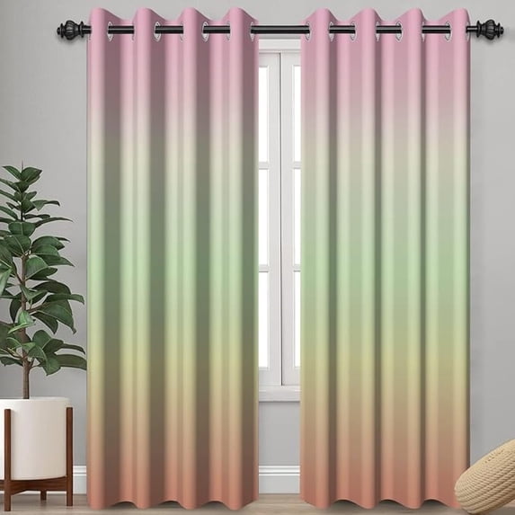 Gradient Pink To Light Green Window Drapes For Bedroom, Thermal Insulated Ombre Room Darkening Curtains For Modern House, Machine Washable Grommet Drapes For Living Room 53"W x 84"L (Pack of 2)