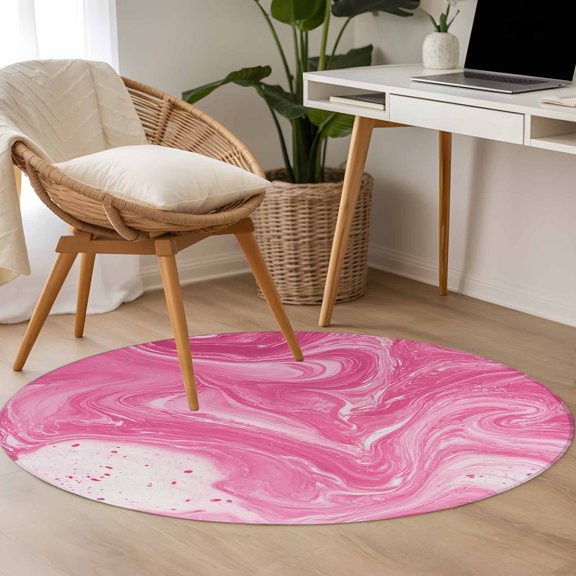 Gradient Pink Marble 3.3ft Round Rug for Bedroom Reading Corner, Abstract Pink White Ombre Water Ripples Washable Non Slip Circle Area Rug