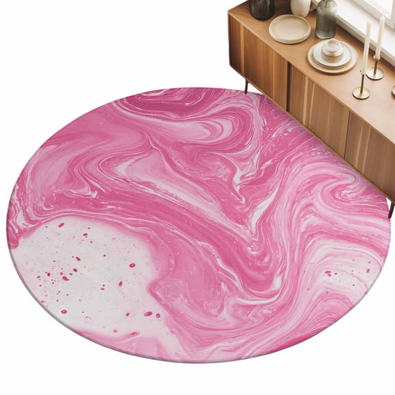 Gradient Pink Marble Area Rug, Abstract Pink White Ombre Water Ripples Non-Slip Felt Rubber Backing Round Indoor Carpet Washable Rugs for Living Room Bedroom 7ft