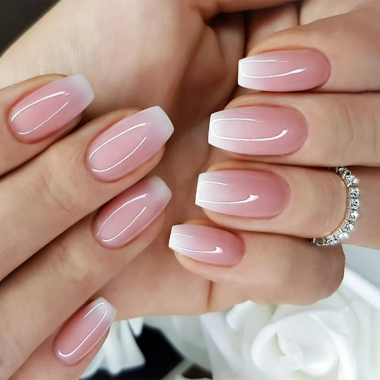 Gradient Pink Press On Nails Medium Short Fake Nails with Design Natural Ombre Nails Press On Acrylic Glue On Nails For Women Thick French Nails for Daily Office Finger Wear T Shape Walmart