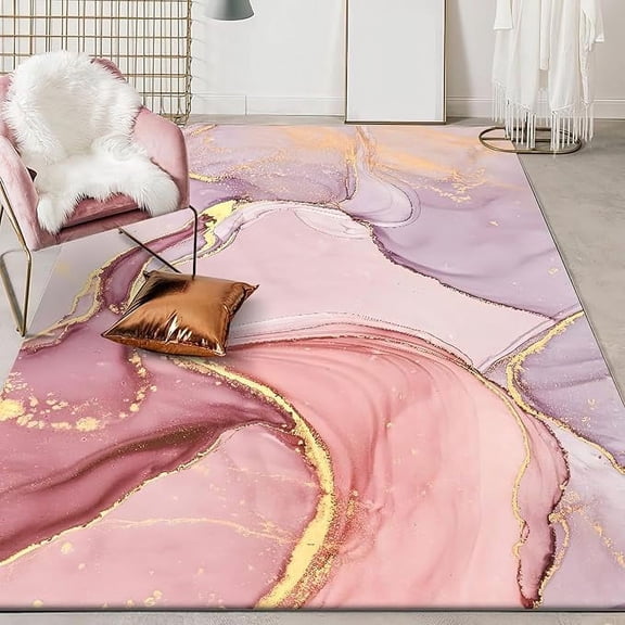 Gradient Pink Purple Marble Area Rug, Luxury Abstract Gilt Texture Bedroom Rugs, With Anti-Slip Backing Washable Indoor Carpet For Living Room Bedroom Study Dining Room 3 x 4ft