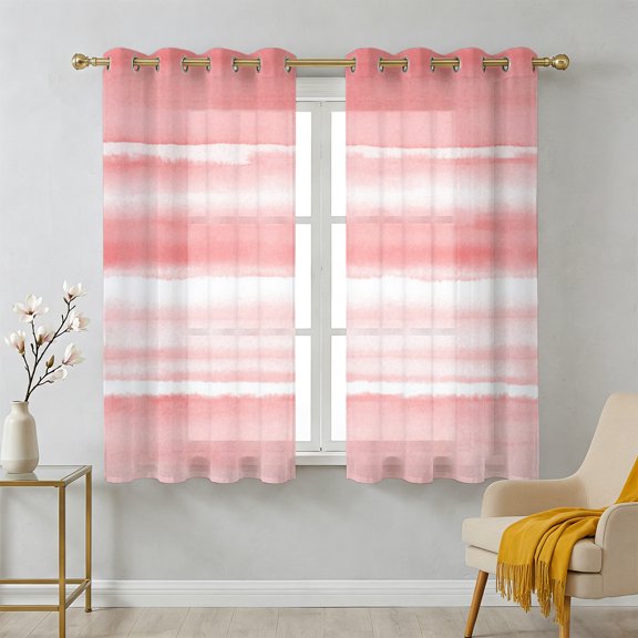 Gradient Pink Sheer Curtains 45 Inch Long 2 Panels, Watercolor Abstract Gradient Pink Water Ripples Light Filtering Semi Sheer Drapes Grommet Voile Window Curtain for Living Bedroom W42 x L45