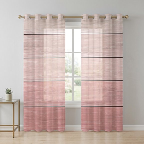 Gradient Pink Sheer Curtains 90 Inch Long 2 Panels, Wood Grain Abstract Striped Vintage Simple Light Filtering Semi Sheer Drapes Grommet Voile Window Curtain for Living Bedroom W52 x L90