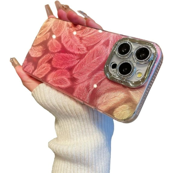 Gradient Plating Feather Pattern Holographic Laser Compatible with iPhone Case (Red,iPhone 11)