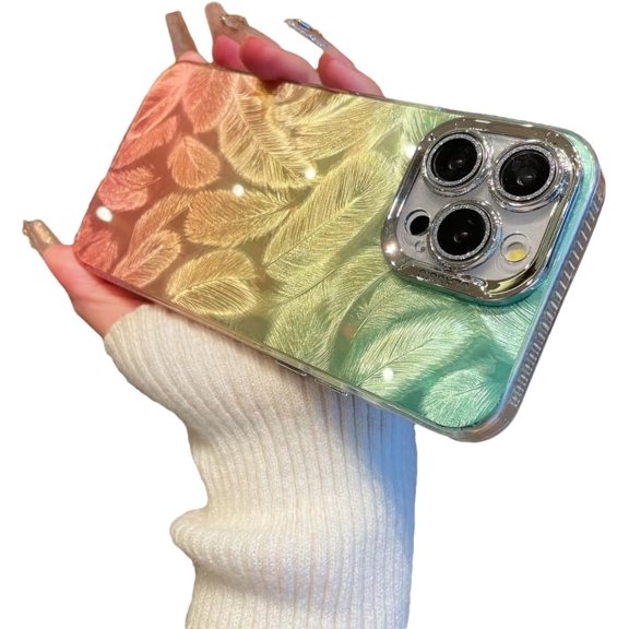 Gradient Plating Feather Pattern Holographic Laser Compatible with iPhone Case (Yellow,iPhone 15)