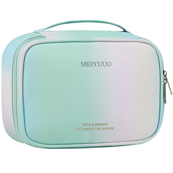 Gradient Preppy Makeup Bag Small Travel Cosmetic Bags for Women Girls Zipper Pouch Toiletry Bag Organizer Waterproof Cute (Rainbow Green)