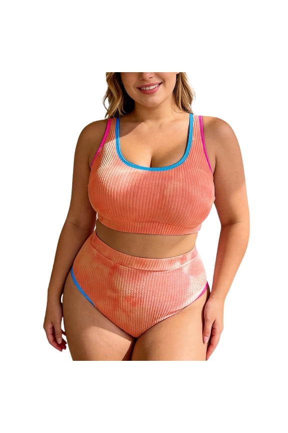 Gradient Print Plus Size Two Piece Swimsuit For Control Bathing With High Waisted Bottoms