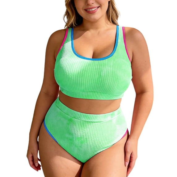 Gradient Print Plus Size Two Piece Swimsuit For Control Bathing With High Waisted Bottoms