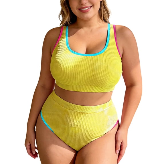 Gradient Print Plus Size Two Piece Swimsuit For Control Bathing With High Waisted Bottoms