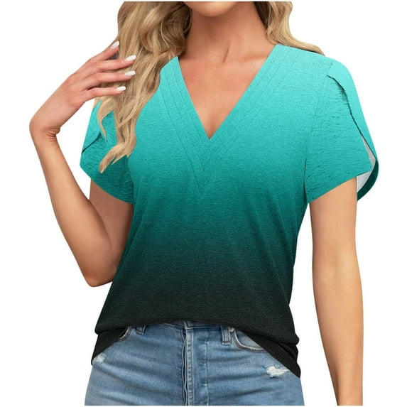 Gradient Prints Tunic Tops For Women 2024 Fashion Summer Basic Loose Fit T-Shirts Women's Flower Printed Tshirts Women V Neck Short Sleeves Tshirts
