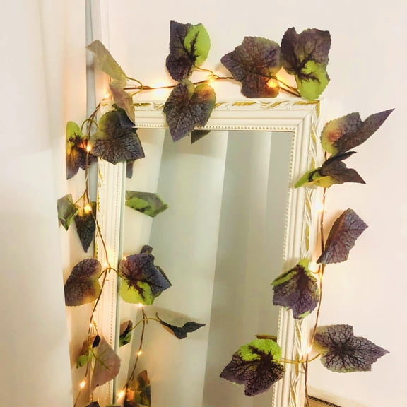 Gradient Purple Grape Leaves Plant Vine with 2m 20LEDs Battery Operated Copper Wire String Lights Greenery Vine Garland Lights for Wedding Party Home Decoration