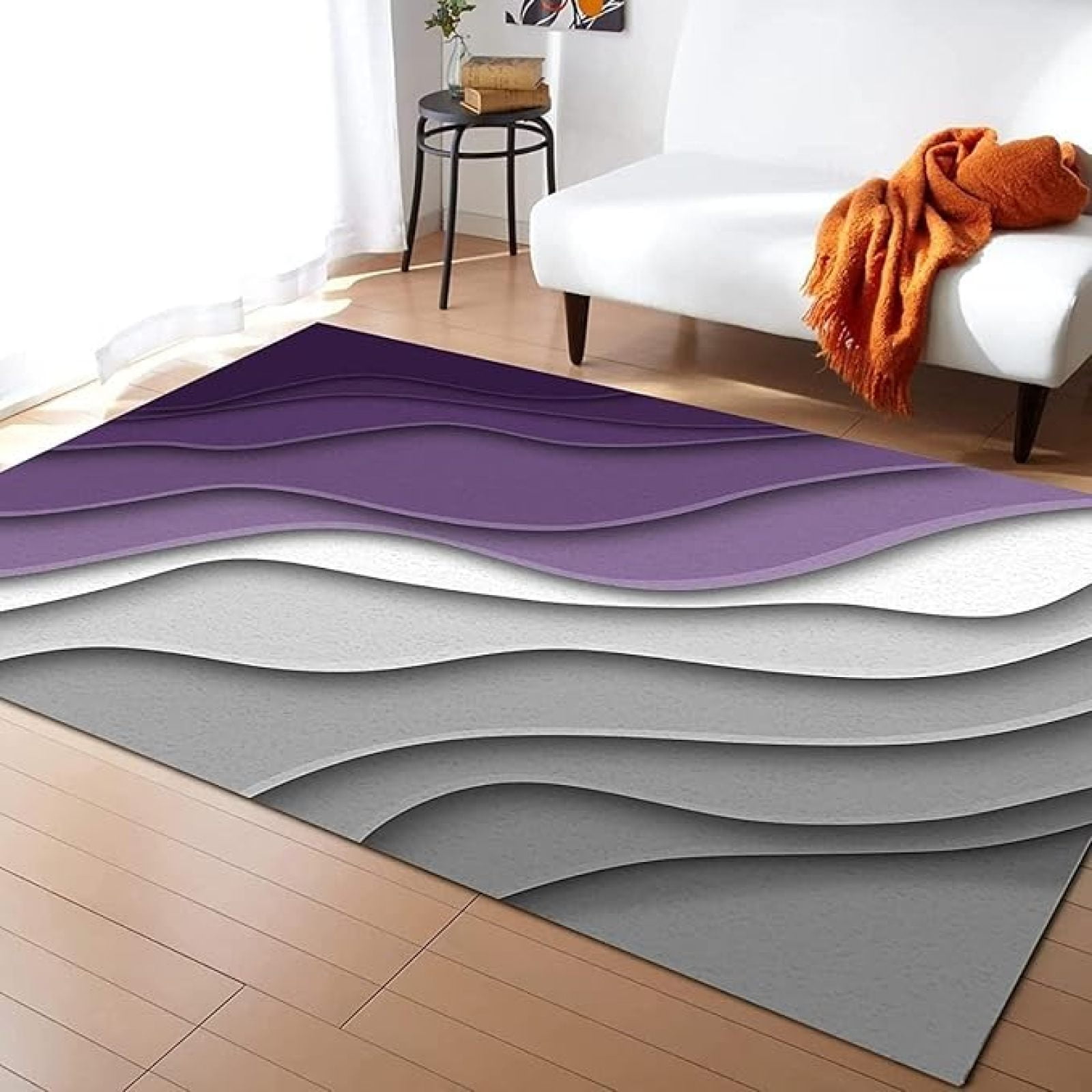 Easy Clean Rug Gradient Purple Gray Stripes Area Rugs, Abstract Wavy Texture Large Rug ...